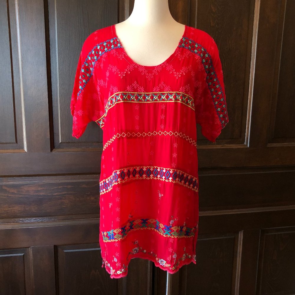 Johnny Was Colorful Daisy Eyelet Blouse Tunic Fiery Red Embroidered Women's S
